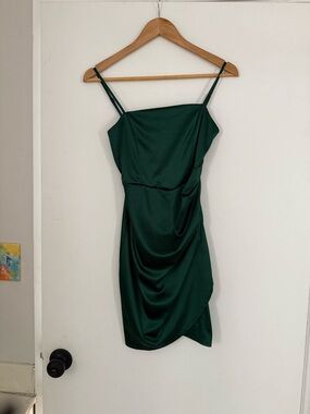 Emerald Sundae Dark Green Satin Mini Dress with Draped Skirt
